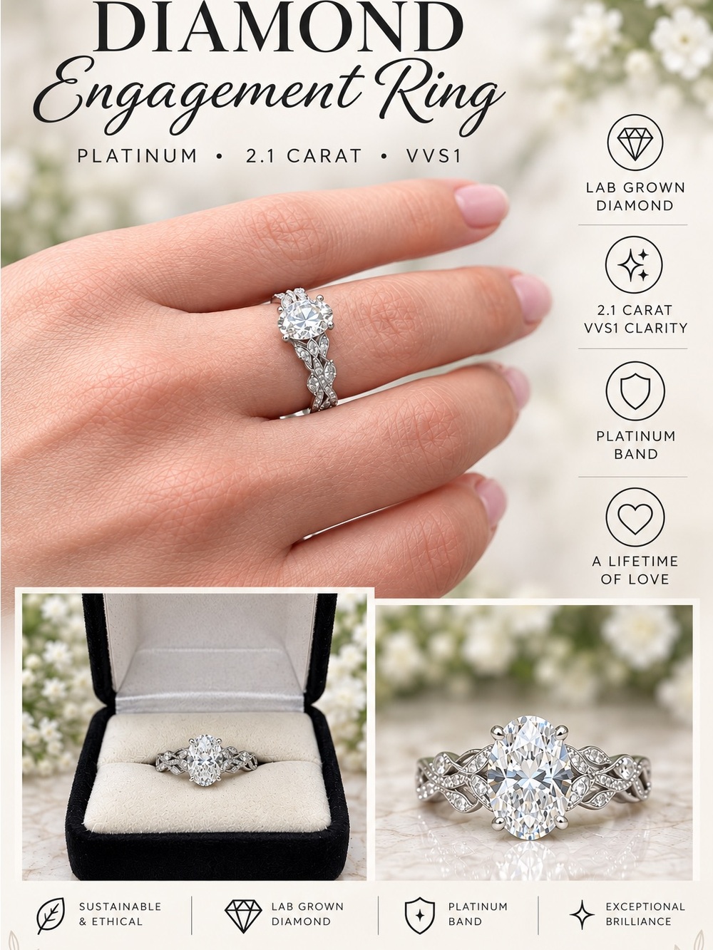 Platinum 2.1 Carat Lab-Grown Diamond Engagement Ring in Silver